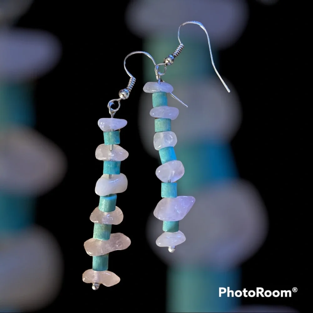 Genuine Pink Quartz Chips & Turquoise Earrings - Picture 1 of 1